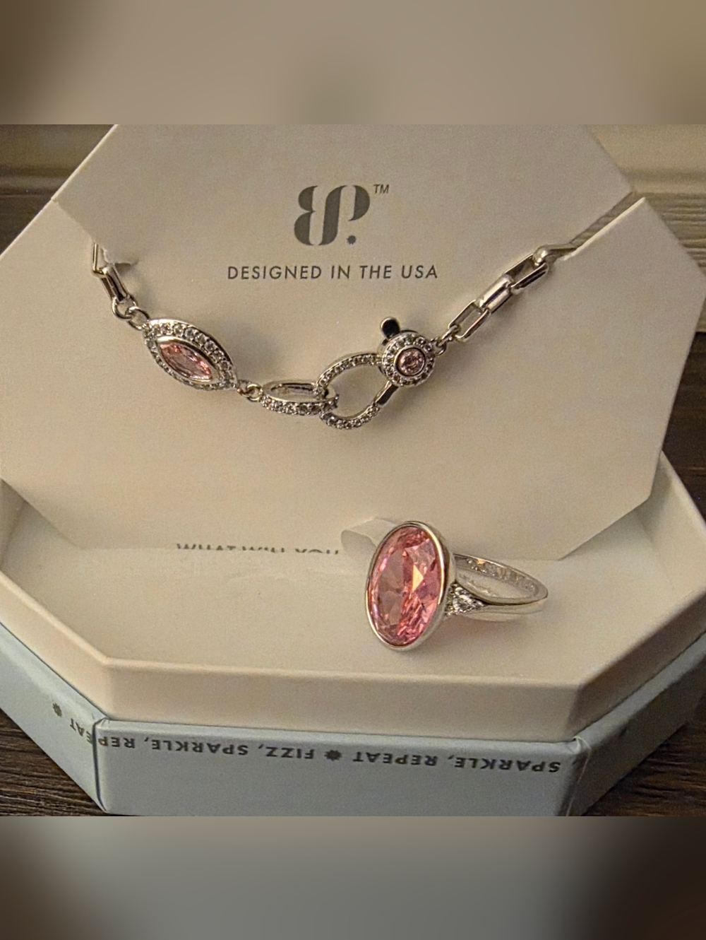 BP Pink Oval Crystal Ring with Silver-Tone Setting and Necklace